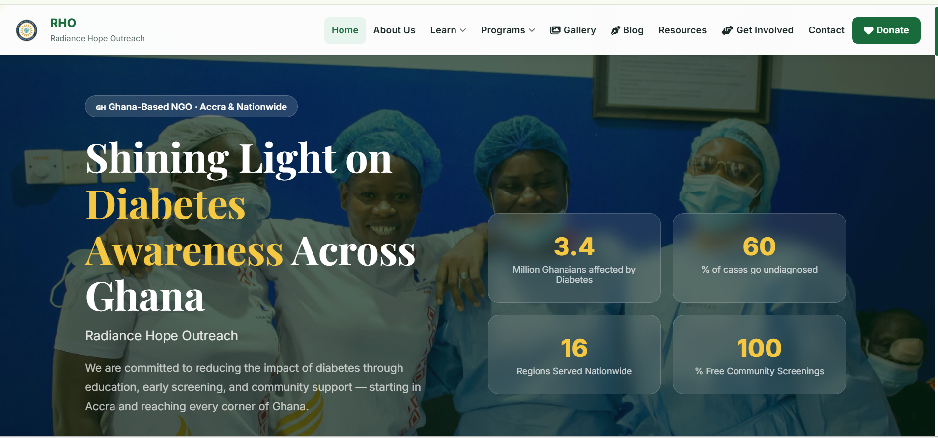 Radiance Hope Outreach site interface